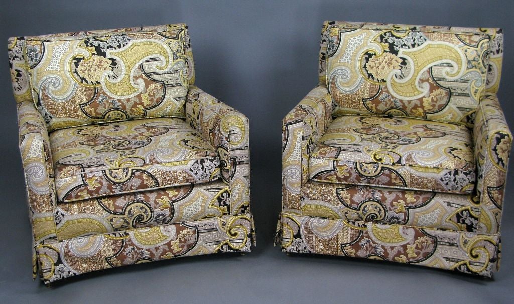 Pair Baker Club Chairs Upholstered In Mod Imari Print