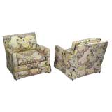 Pair Baker Club Chairs Upholstered In Mod Imari Print