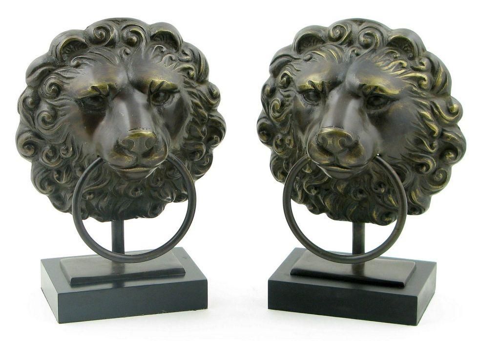 Pair Cast Bronze Lion Head Lamps