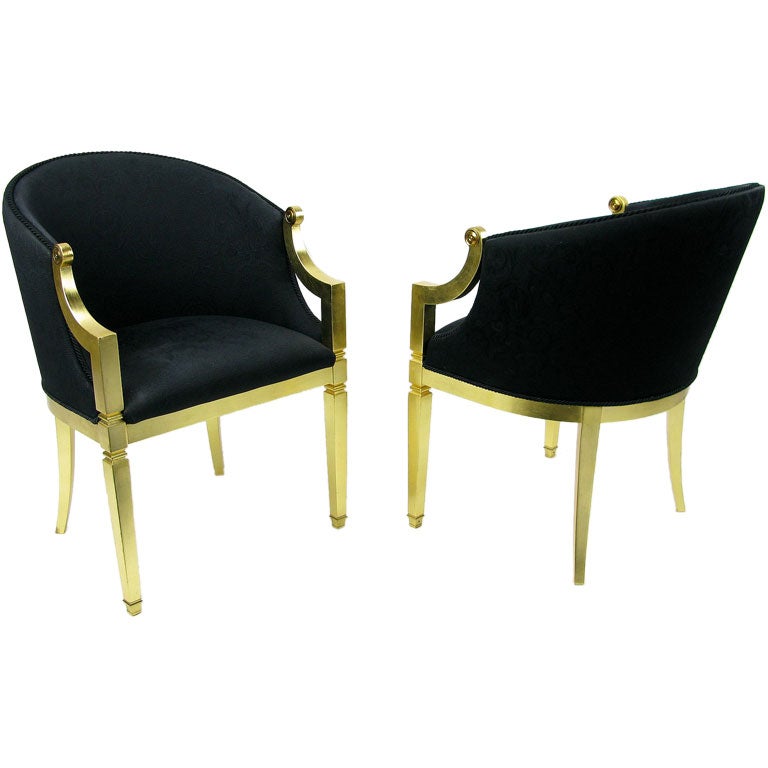 Pair Gilt Frame 
Black Upholstered Barrel Chairs