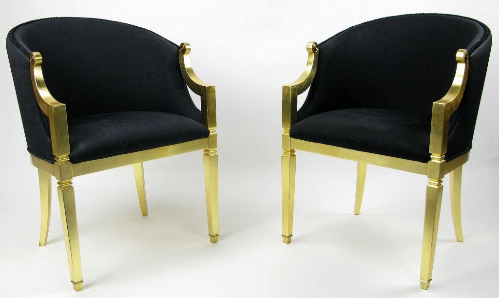 Pair Gilt Frame & Black Upholstered Barrel Chairs