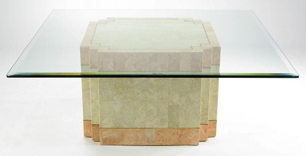 Tessellated Fossil Stone & Marble Table With Brass Banding