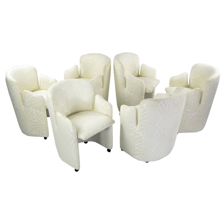 Set Of Six White 1970s Barrel Back 
Sculpted Arm Dining Chairs
