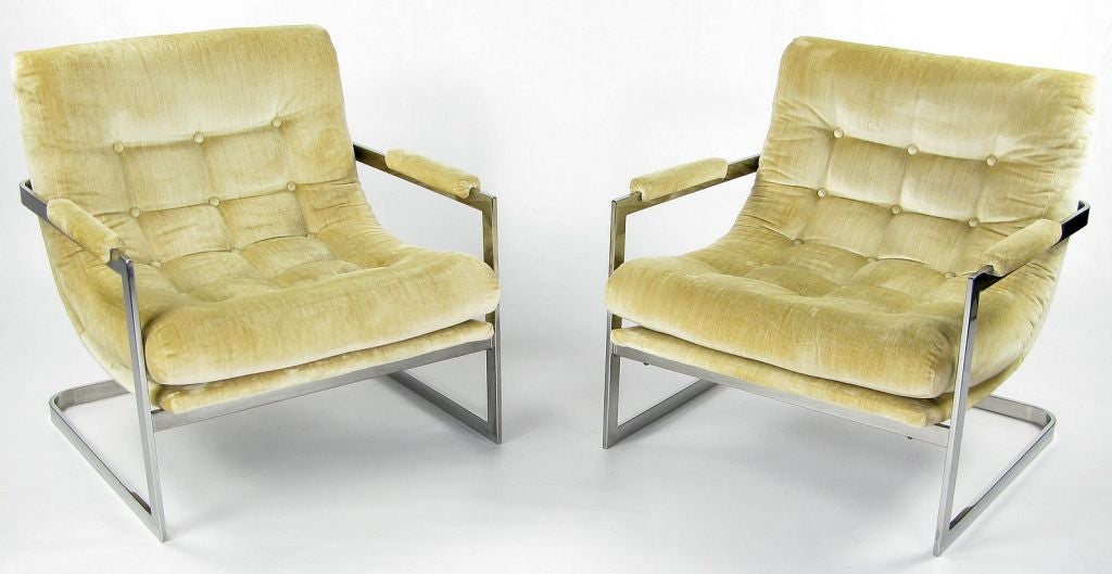 Pair Chrome & Velvet Arm Chairs Attributed To Milo Baughman
