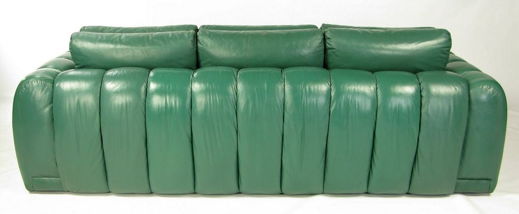 20th Century Jay Spectre Channeled Sofa In Original Green Leather