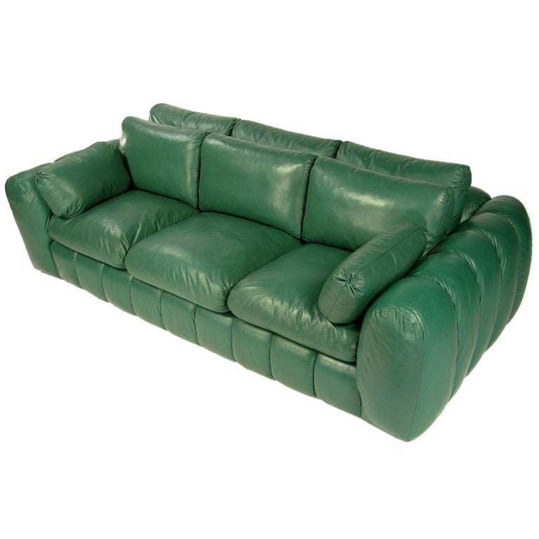 Jay Spectre Channeled Sofa In Original Green Leather