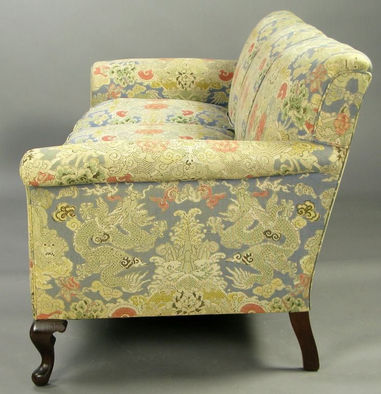 Mahogany 1940s Cabriole Leg Sofa With Colorful Linen Upholstery