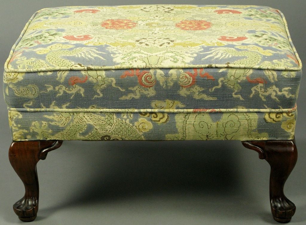 1940s Cabriole Leg Ottoman With Colorful Linen Upholstery