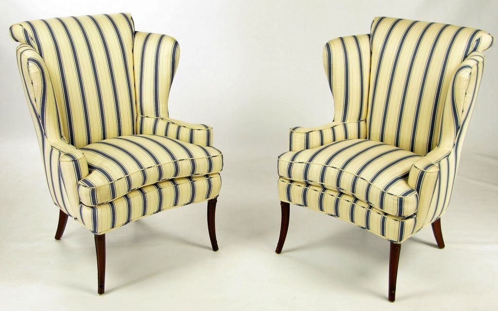 Pair 1940s Blue & Cream Striped Wing Chairs With Rolled Backs