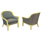 Pair Baker Ivory Reeded Frame & Silk Club Chairs
