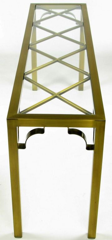Brass Parsons frame table, with diamond pattern under inset glass top, with open corner detail.