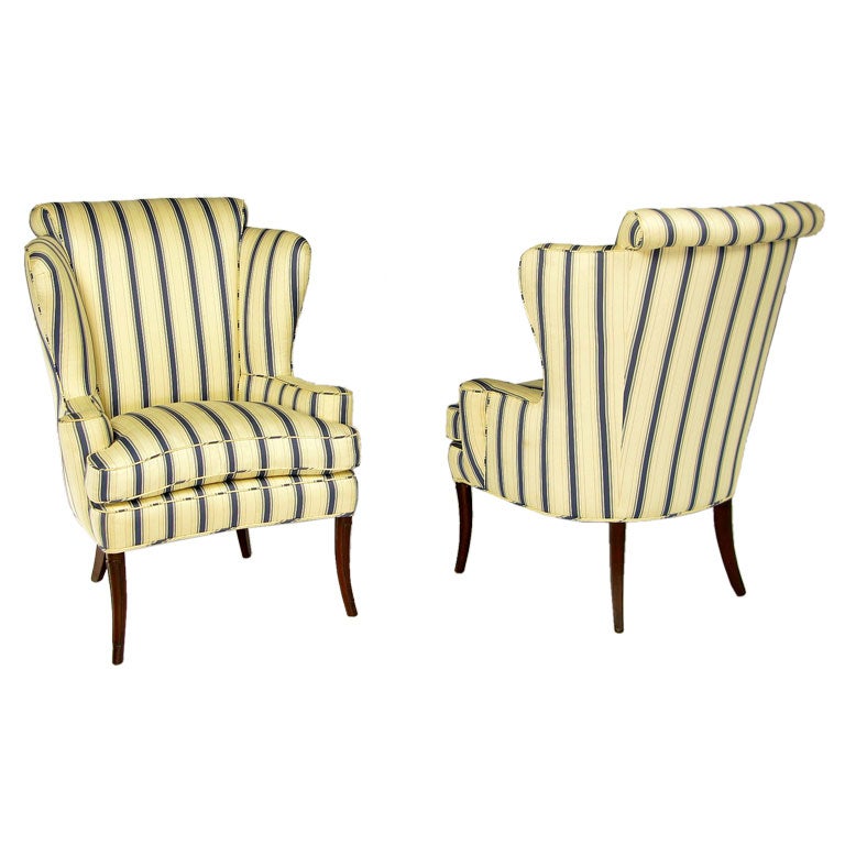 Pair 1940s Blue 
Cream Striped Wing Chairs With Rolled Backs