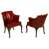 Pair S.J. Campbell Red Leather Chippendale Arm Chairs