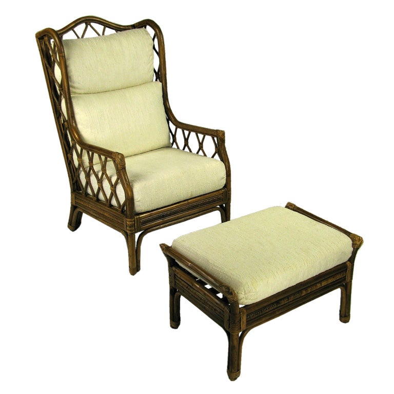 Rattan & Cane Wing Chair With Matching Ottoman