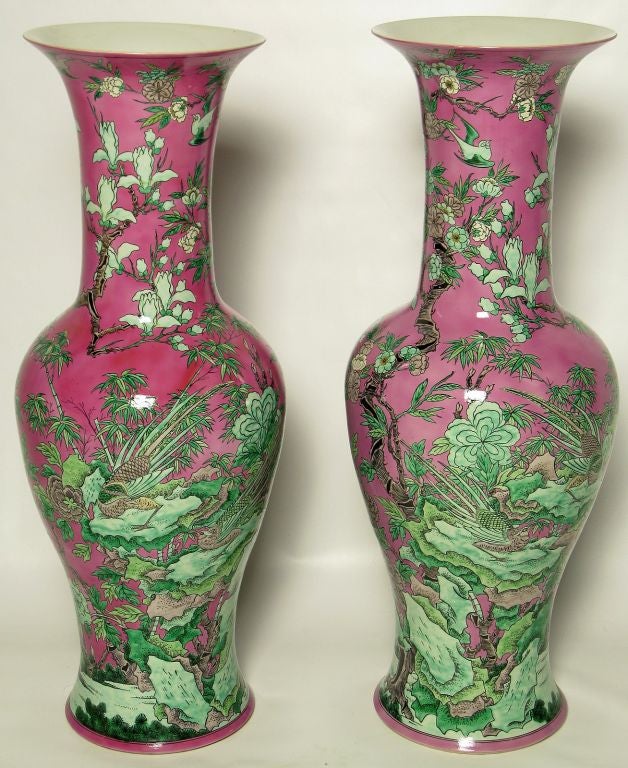 Pair 1970s Fuschia & Celadon Green Chinese Floor Vases
