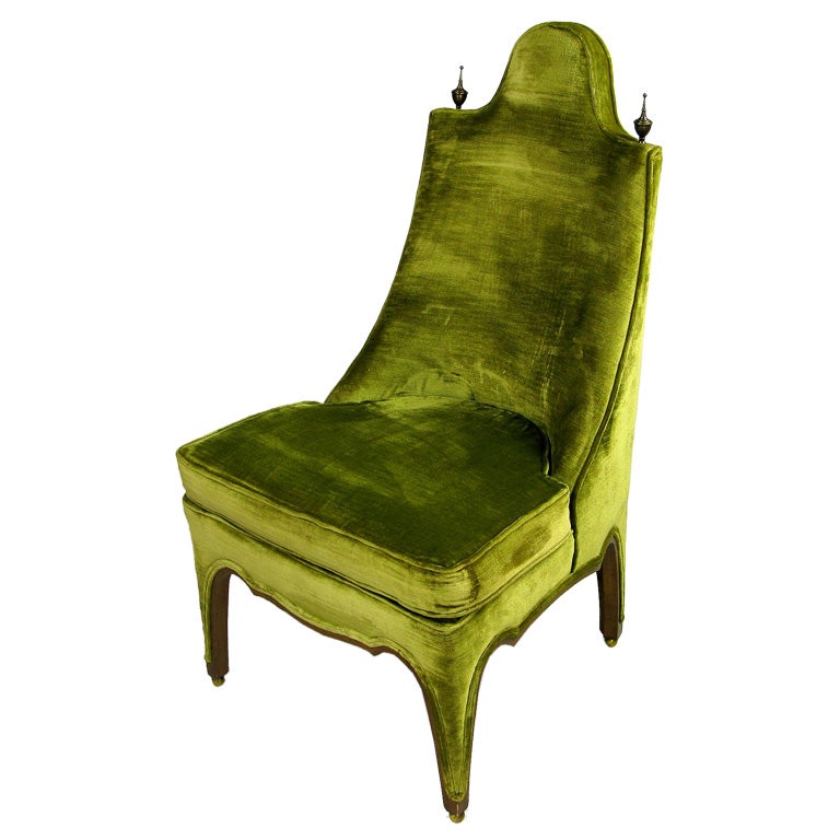 Sculptural Walnut & Green Velvet Side Chair With Brass Finials