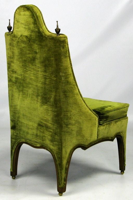 Mid-20th Century Sculptural Walnut & Green Velvet Side Chair With Brass Finials