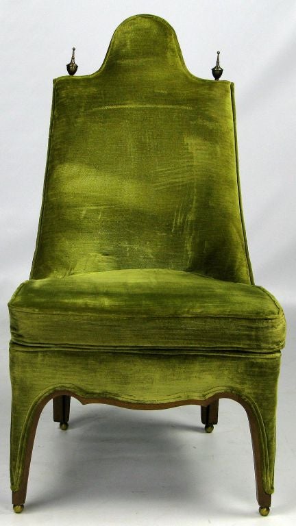 Sculptural Walnut & Green Velvet Side Chair With Brass Finials 1