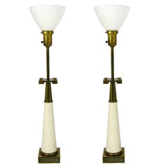 Vintage Pair Stiffel White Porcelain & Brass Greek Key Lamps