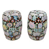 Pair Polychrome Chrysanthemum Chinese Garden Seats