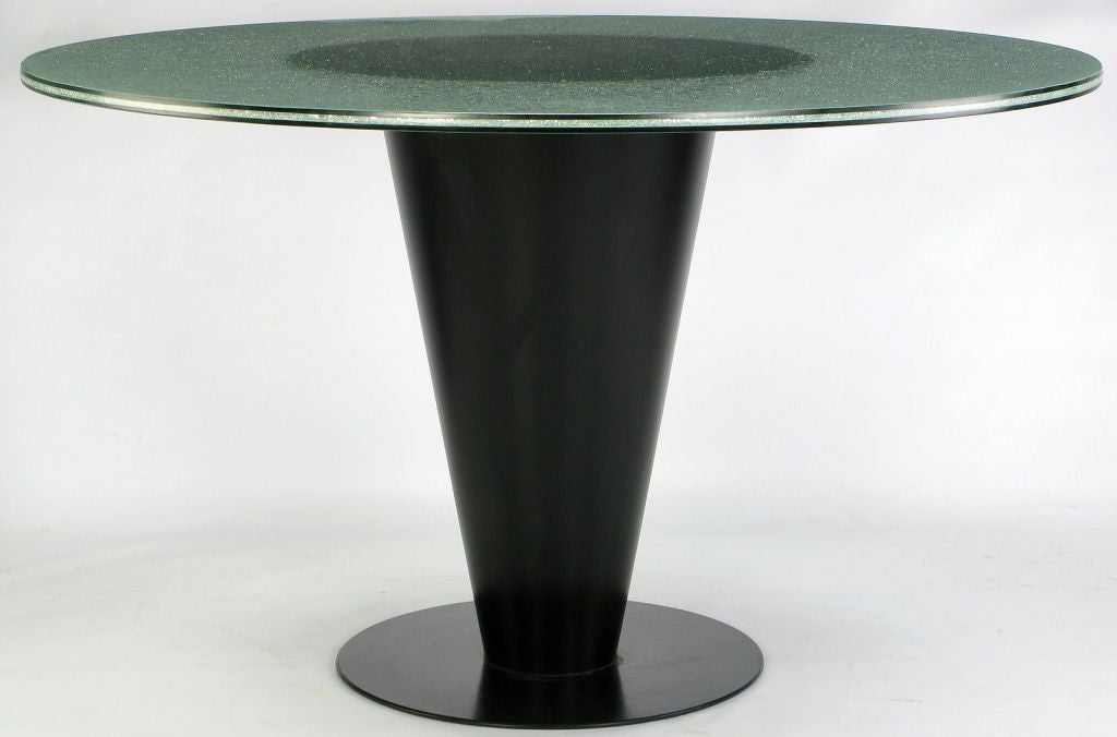 Black Lacquered Metal Cone Pedestal Table With Crackle Glass Top at 1stdibs