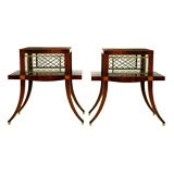 Pair Mahogany Klismos Leg End Tables With Tooled Leather Tops