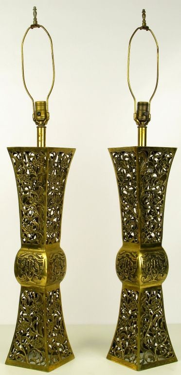 Japanese Pair Pierced Brass Asian Urn Form Table Lamps