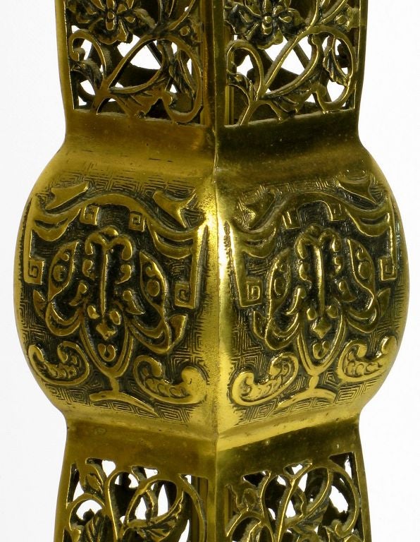 Pair Pierced Brass Asian Urn Form Table Lamps 3