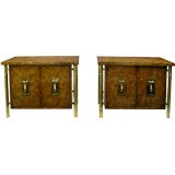 Pair Mastercraft Amboyna Burl & Brass Bed Side Tables