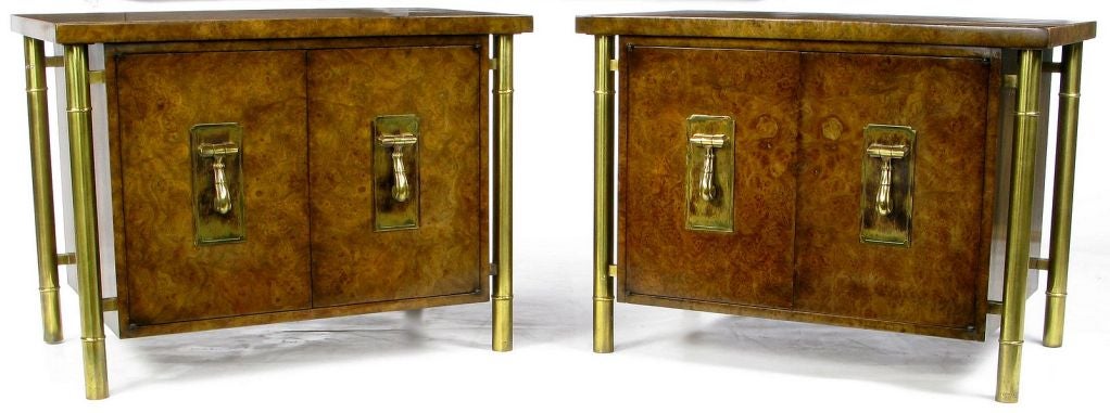 Pair Mastercraft Amboyna Burl & Brass Bed Side Tables