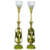 Pair Of Stylized Pineapple Brass & ChartreuseTable Lamps