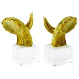 Pair Of Ram's Horn On Lucite Book Ends