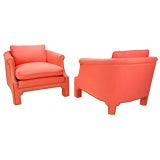 Pair Of Coral Barrel Back Fully Upholstered Club Chairs
