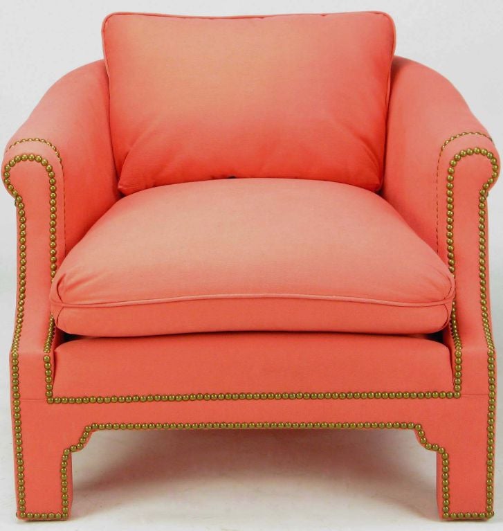 Pair Of Coral Barrel Back Fully Upholstered Club Chairs at 1stDibs