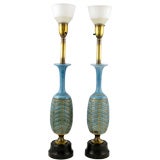 Pair Rembrandt Cerulean Blue & Brass Table Lamps