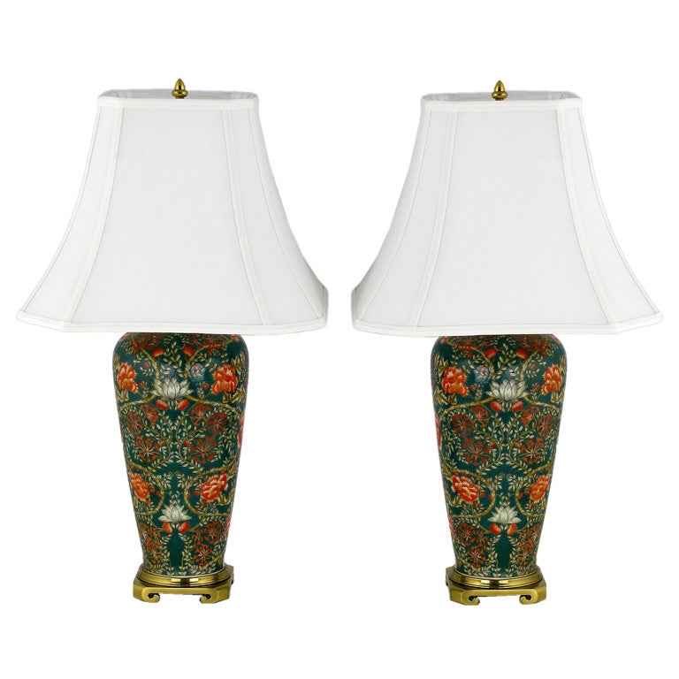 Pair Of William Morris Style Hand Painted Ceramic Table Lamps