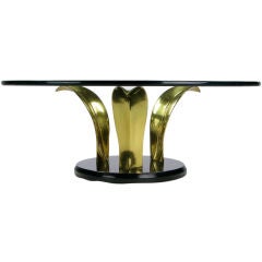Brass And Lacquered Wood Palm Leaf Base Cocktail Table