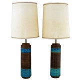 Vintage Pair Italian Pottery Lamps In Glazed Aqua And Chocolate