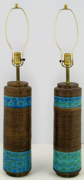 Pair Italian Pottery Lamps In Glazed Aqua And Chocolate