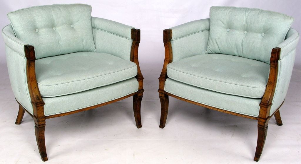 Elegant design from the upholstery to the aged burl wood frame. These barrel back chairs from Oxford Kent come with a beautiful robin's egg blue linen upholstery that features a pleated and buttoned back as well as button tufted cushions.