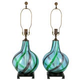 Pair Aqua Murano Lamps With Emerald And Amethyst Appliques