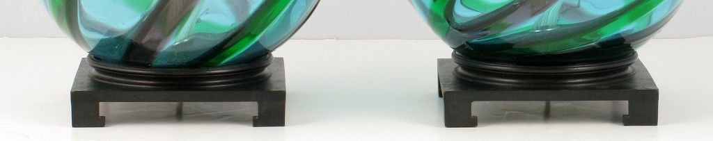 Pair Aqua Murano Lamps With Emerald And Amethyst Appliques
