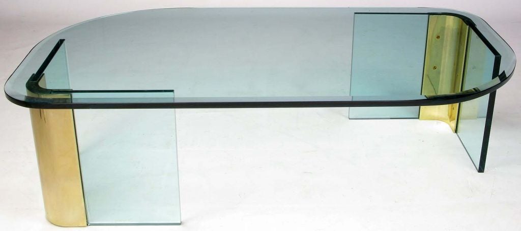 Asymmetrical Glass & Brass Cocktail Table In The Manner Of Pace