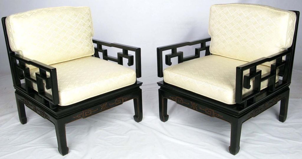 Ebonized And Parcel Gilt Pair Of Asian Club Chairs