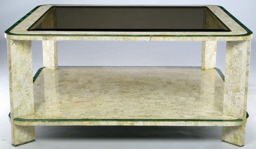 Maitland Smith Tessellated Fossil Stone & Malachite Coffee Table