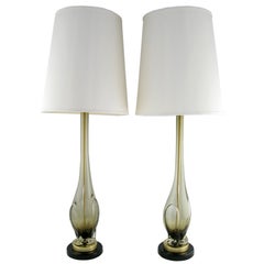 Pair Of Tall Murano Hand Blown Smoked Glass Table Lamps