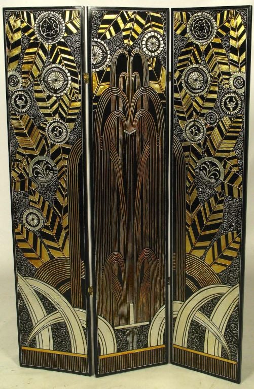 Late 20th Century Deco Revival Three Panel Screen In Black Lacquer