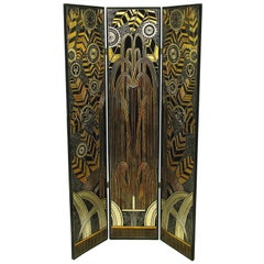 Deco Revival Three Panel Screen In Black Lacquer