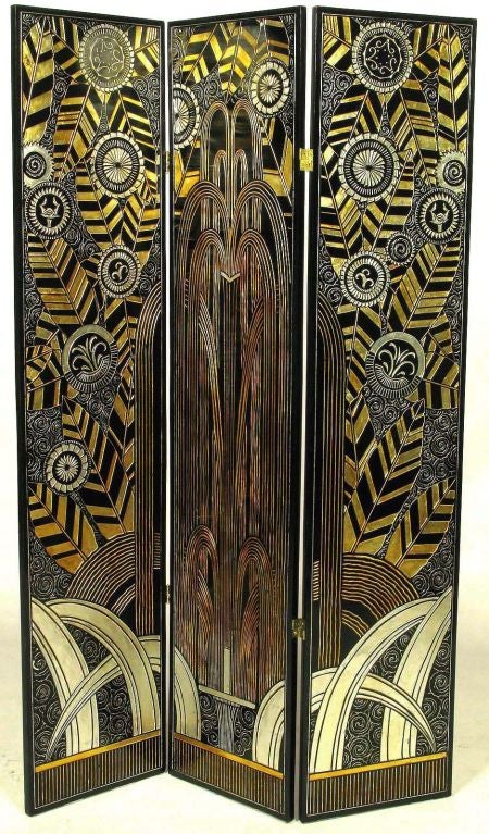 Beautifully carved three panel art deco revival screen with gold and silver gilding, featuring classic deco foliage and fountain in relief.
