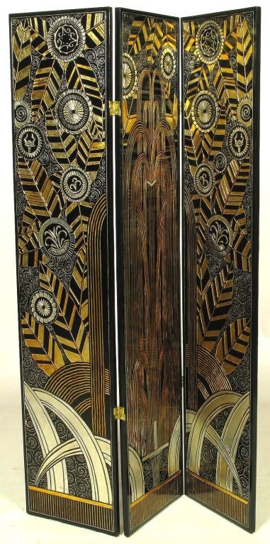 American Deco Revival Three Panel Screen In Black Lacquer